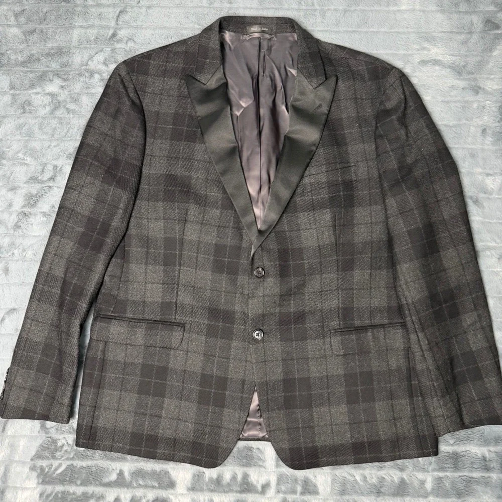 Lauren Ralph Lauren Mens 48R Wool Plaid Tuxedo Blazer Grey Satin Lapel Jacket